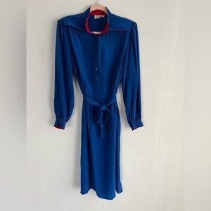 Elegant 70s Blue Dress with Red Accents